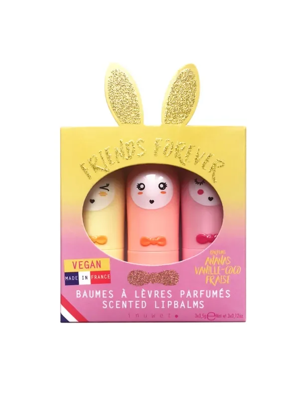 3 bálsamos Labiales fórmula vegana – California (Piña,vainilla,fresa) – Inuwet