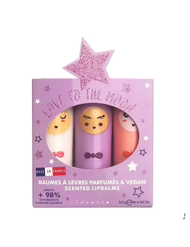 3 Bálsamos Labiales fórmula vegana Algodón de azúcar – Nube – Vainilla – Inuwet