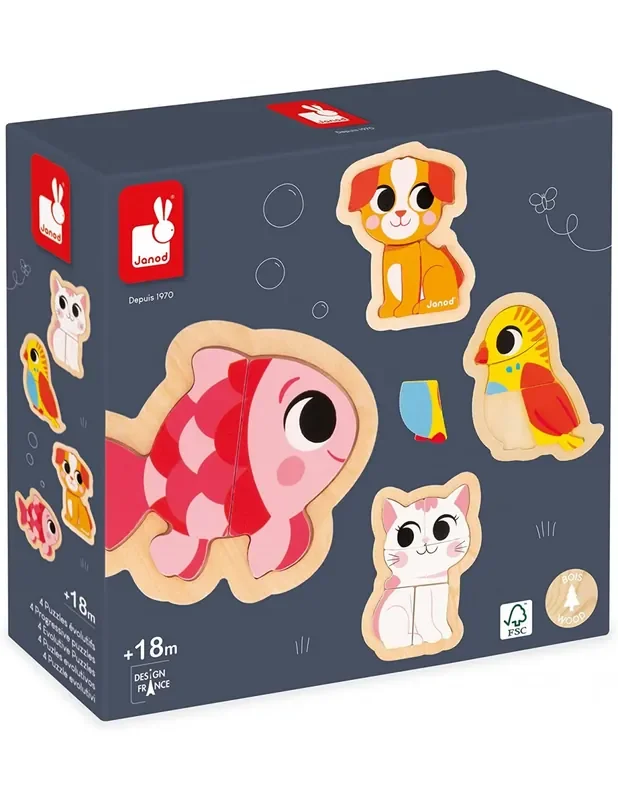 4 puzles evolutivos de madera – Animales de compañía – Janod J07115