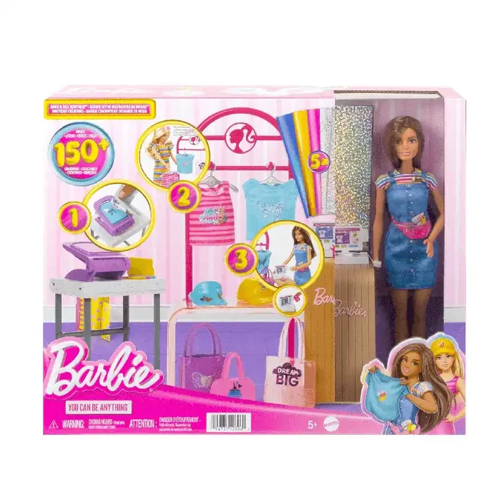 Barbie Boutique Diseña y vende Muñeca morena con tienda de ropa personalizable y accesorios, juguete