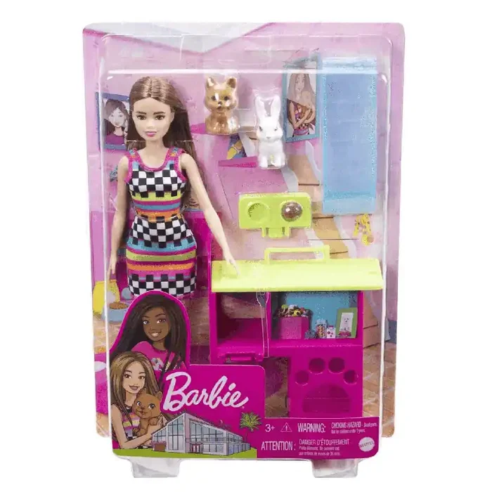 Barbie Conjunto de juego con casa de juegos para mascotas,