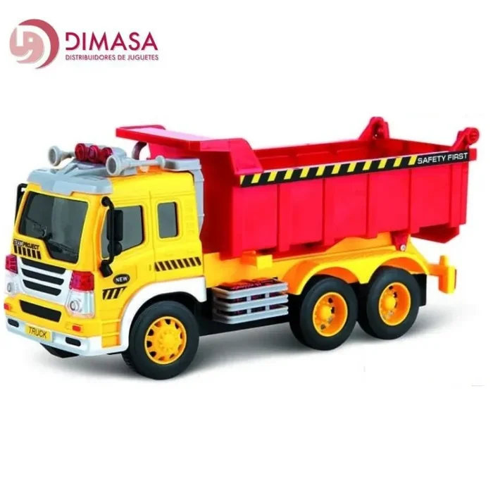 Camión rojo y amarillo volquete juguete escala 1/16 fricción con luces y sonidos