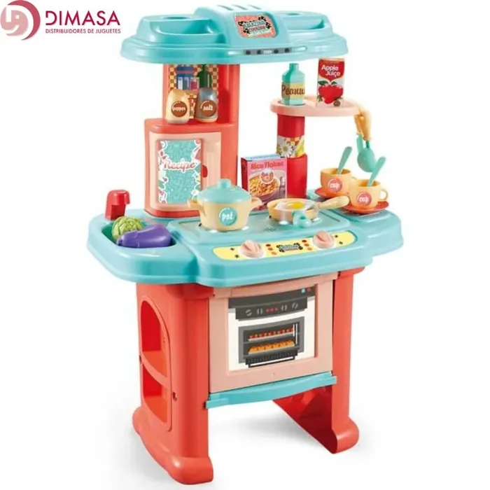 Cocinita de juguete roja y azul con menaje