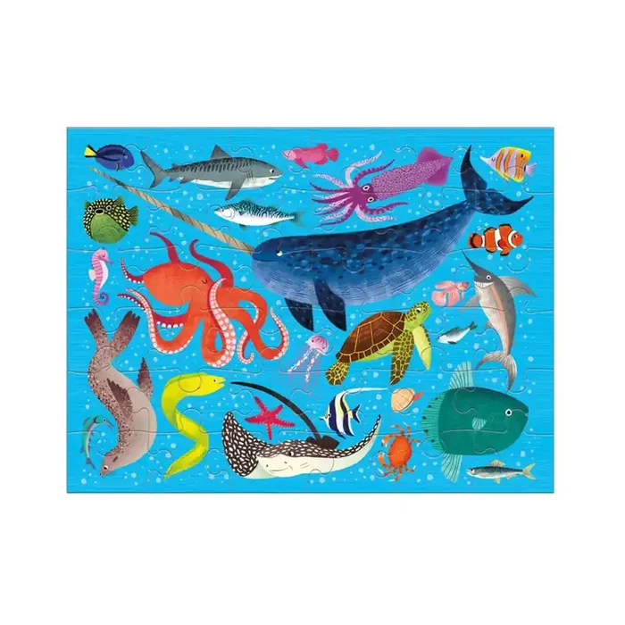 Mudpuppy Puzzle ANIMALES DEL OCÉANO 30,5 x 23 cm, 36 piezas, rompecabezas para llevar, en una bolsa de algodón 16,5 x 19 cm, ro
