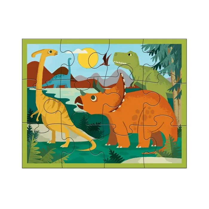 Mudpuppy Puzzle DINOSAUR PARK 36x28cm, 12 piezas, rompecabezas en bolsa con cierre hermético 27×18,5cm, 2+
