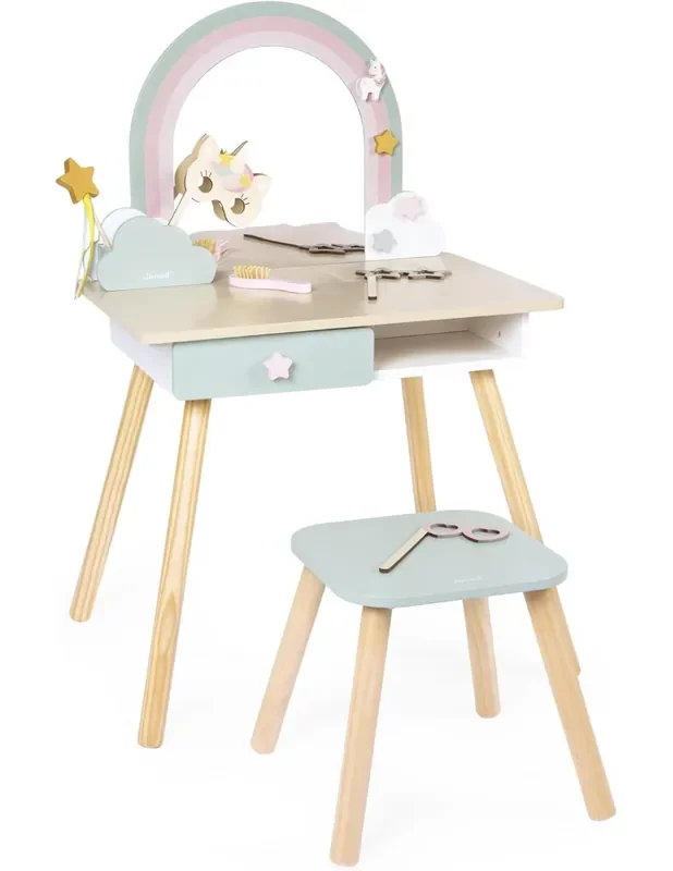 Tocador de Madera con Espejo y Taburete – Tocador Unicornio – Janod J06464