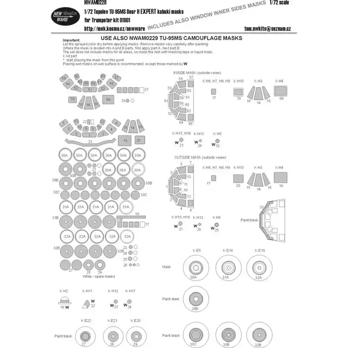 Tupolev Tu-95MS Bear-H EXPERTO kabuki maskswindows, todas las demás partes claras, ruedas, escudo antirreflejos negro (diseñado